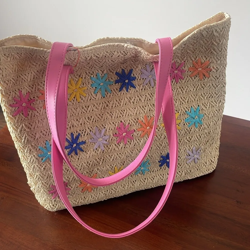 Cat & Jack bag Tan straw bag colorful floral embroidered purse new size large Pink - Image 6