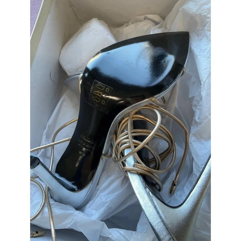 Black Suede Studio Talia Heel Pointy Sandal in Silver Gold 39 New with Box Women Size 8 - Image 9