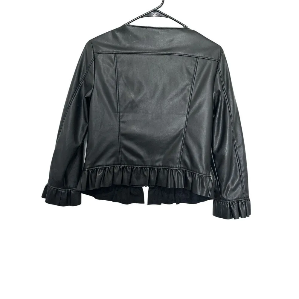 Ruffled Faux Leather Jacket Black Size XS Women Full Zip A - Image 3