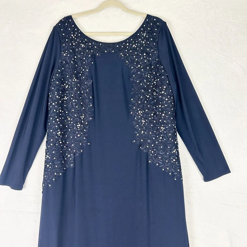Crystal Lace Applique Long Sleeve Gown Size 20W Slit Navy - Image 5