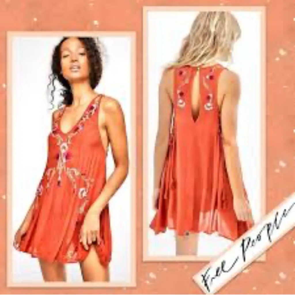 Free People Adelaide Festival Slip in Terracotta Embroidered Mini Dress - Image 2