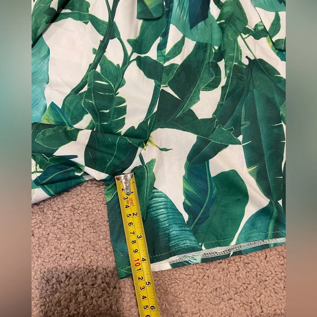 Green Leaf Print Boho Ruffle Tie Front Romper - Image 7