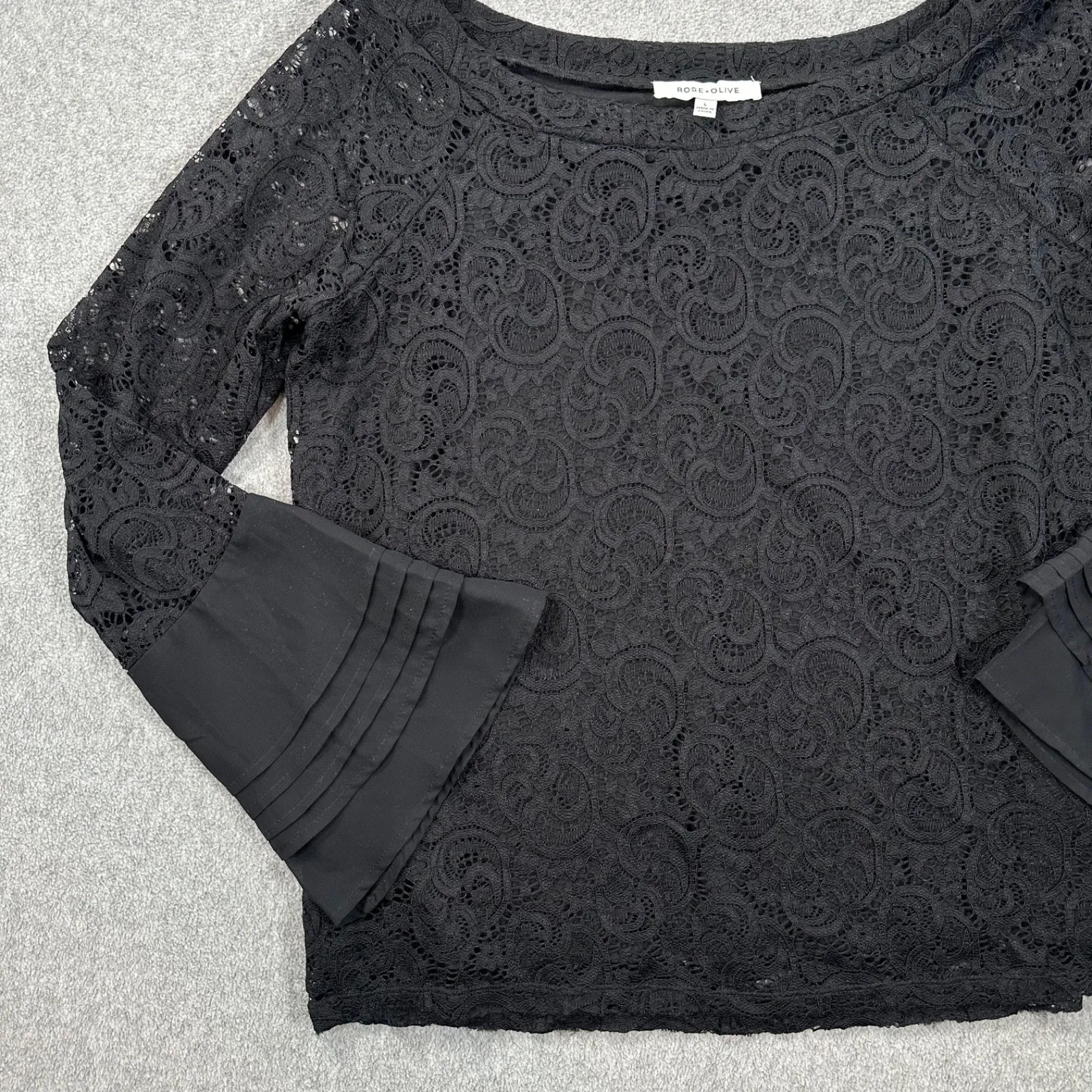 Rose + Olive Black Lace Sheer Bell Sleeve Blouse Women's Large Boat Neck Top - Image 2