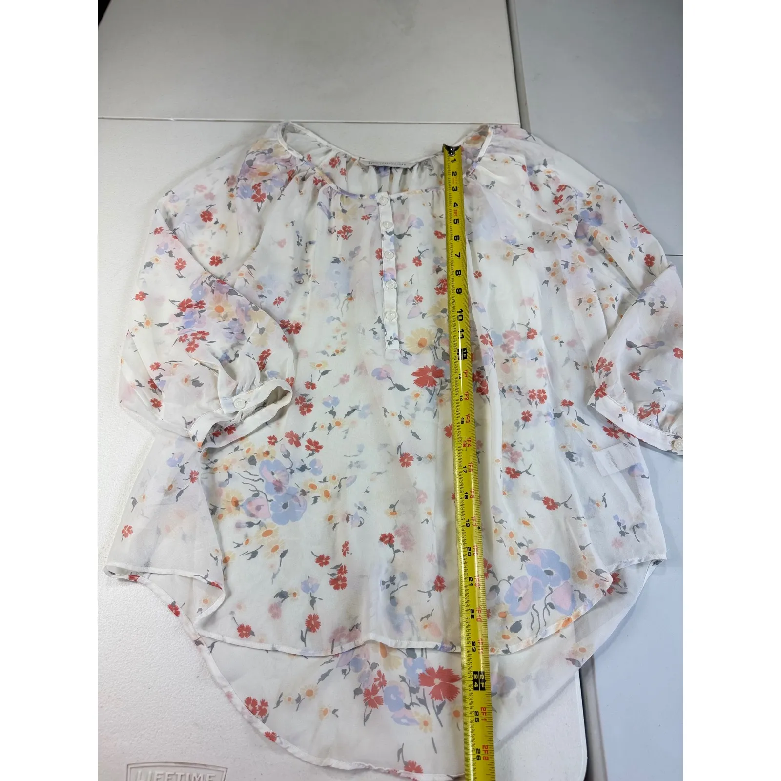 LC Lauren Conrad Floral Print Blouse Top Button Up Semi‎ Sheer White Size M - Image 6