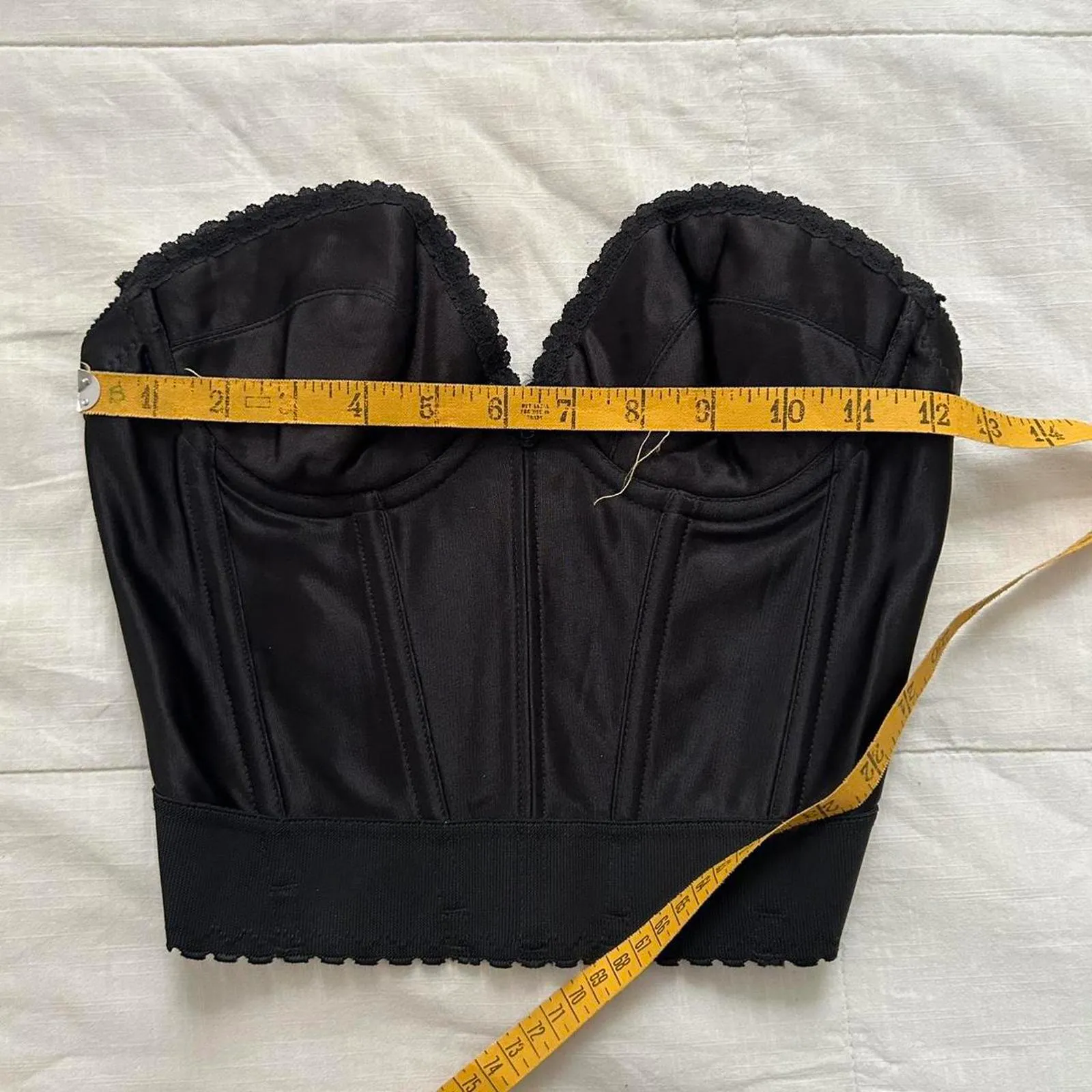 Vintage Union made stamp Black corset top with boning and lace trim Size 34B - Image 8