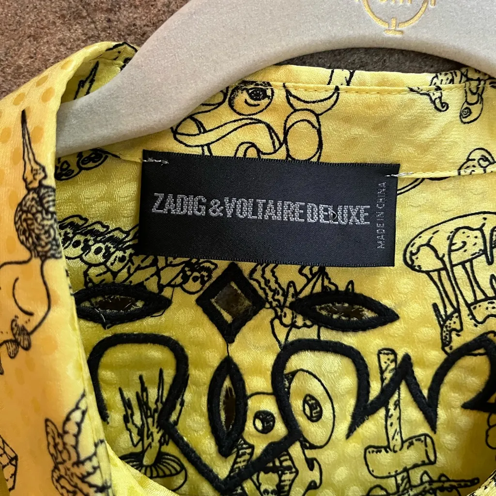 Zadig & Voltaire Tiano Manga 100% Silk Western Button Up Shirt Yellow Black Med - Image 8