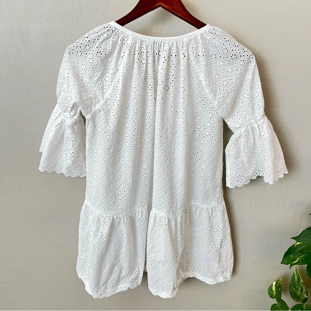 Playa Lucila white eyelet mini dress cover up, ellbow length puff sleeves,size M Size M - Image 5