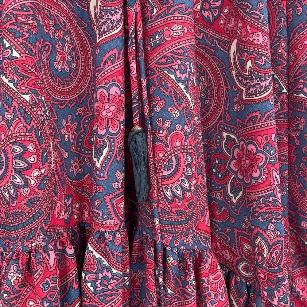 Bohme Anthropologie Long Sleeve V-Neck Paisley Bohemian Red Ruffle Midi Dress Sm - Image 10