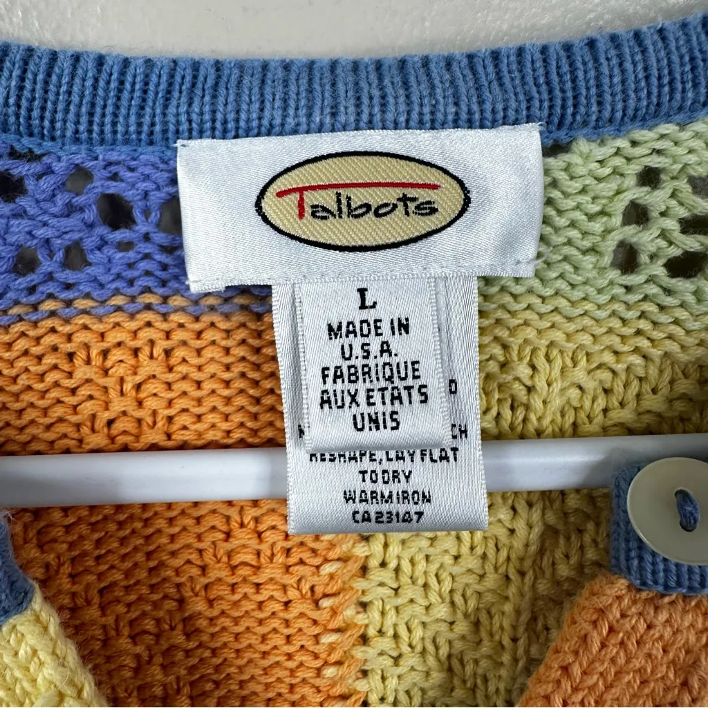 Vintage Talbots 100% Cotton Patchwork Knit Sweater Cardigan Womens L Made in USA - Image 4
