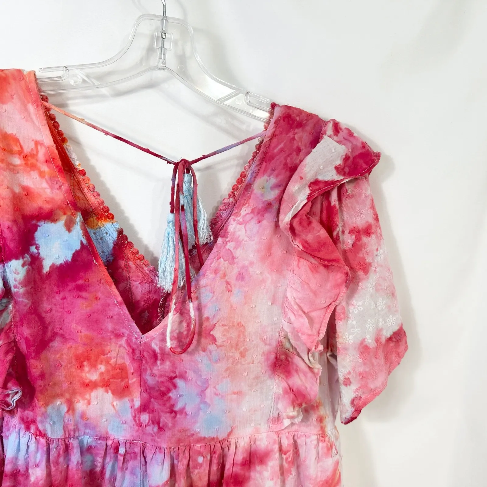 Umgee‎ Small Dress Handmade Tie Dye Ruffle Short Sleeve Mini Pink White 1322 - Image 9