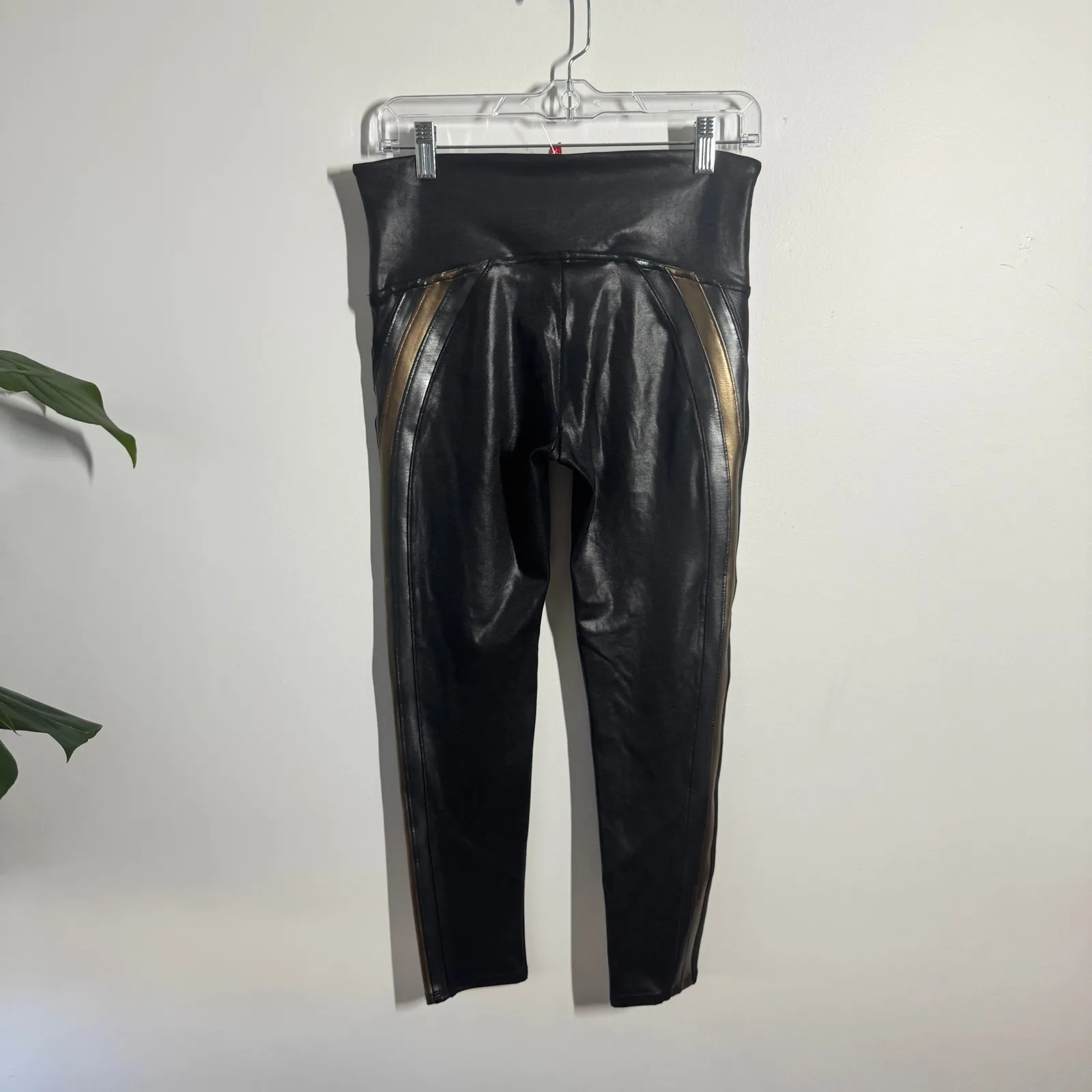 SPANX Leggings Women L Black Gold Metallic Faux Leather Biker Moto Mobwife - Image 2
