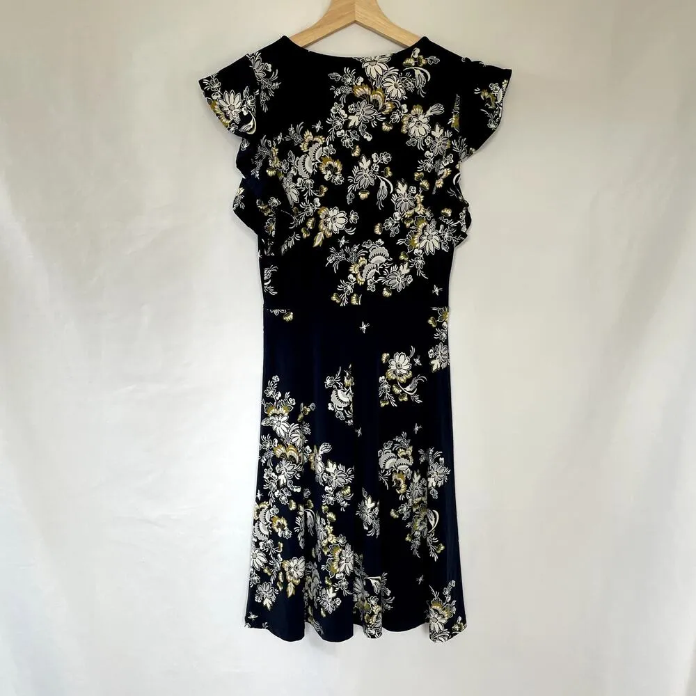 Ann Taylor navy blue floral v-neck knee length circle skirt dress women's XXSP - Image 6