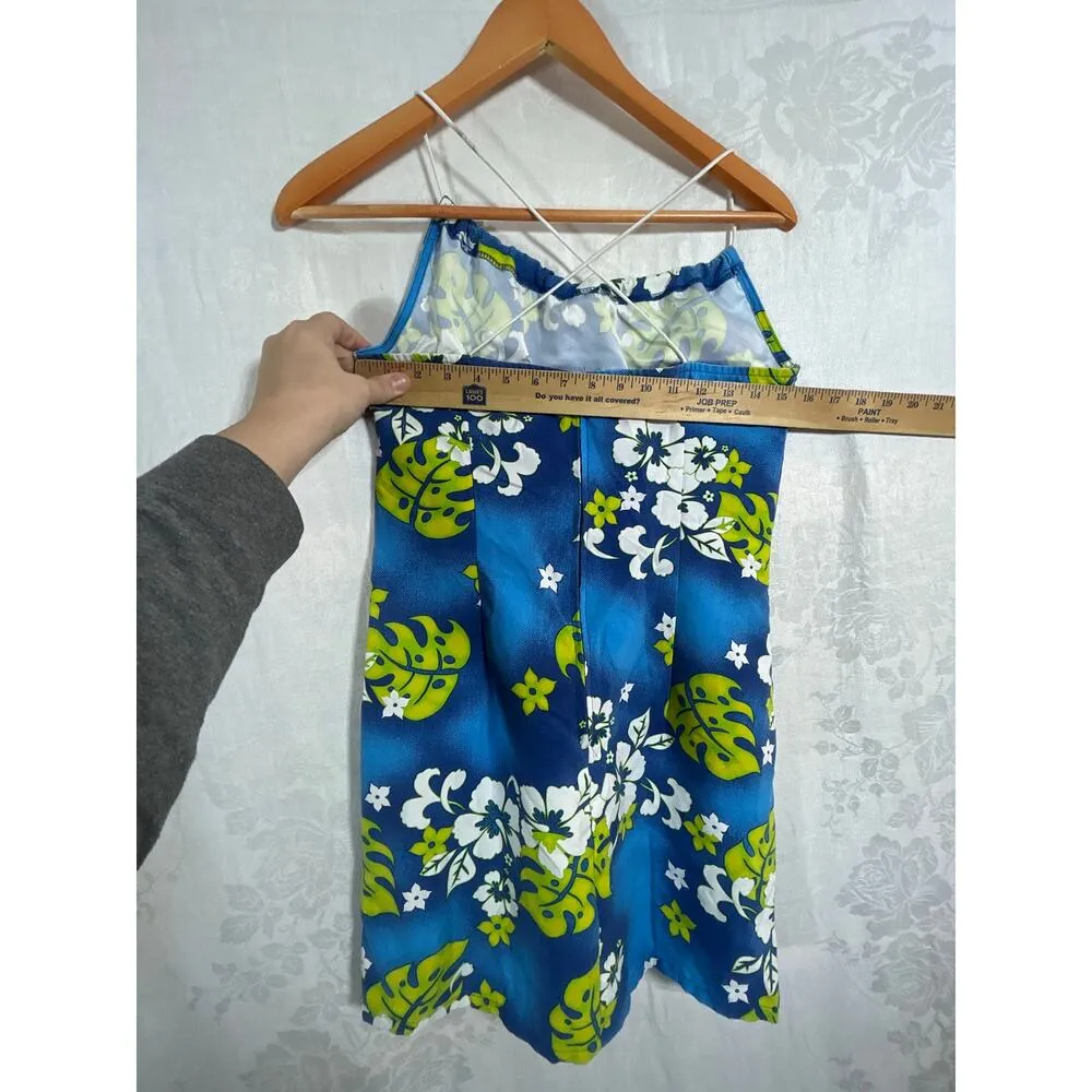 Vintage Mini Dress Medium Blue Green Tropical Floral USA Beach Surf Hawaiian - Image 7
