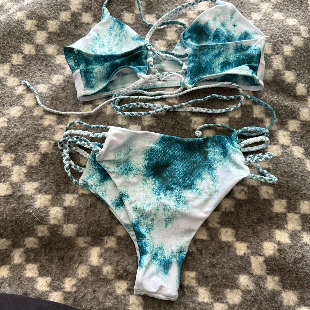 Zaful Womens Size 8 Medium Braided Criss Cross Back Green White Bikini Swim Suit - Image 3