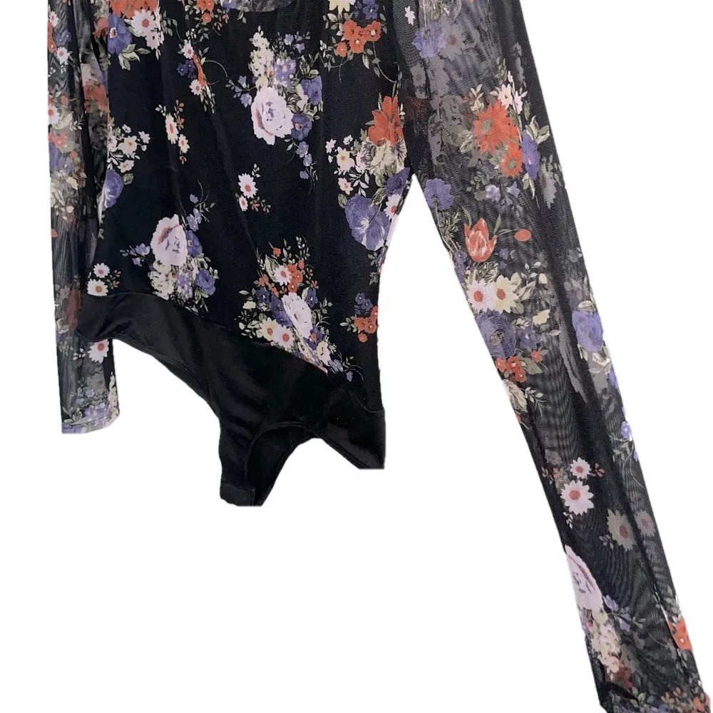 White Birch Dark Floral Sheer Long Sleeve Bodysuit Women Small Y2K Top Going Out - Image 6