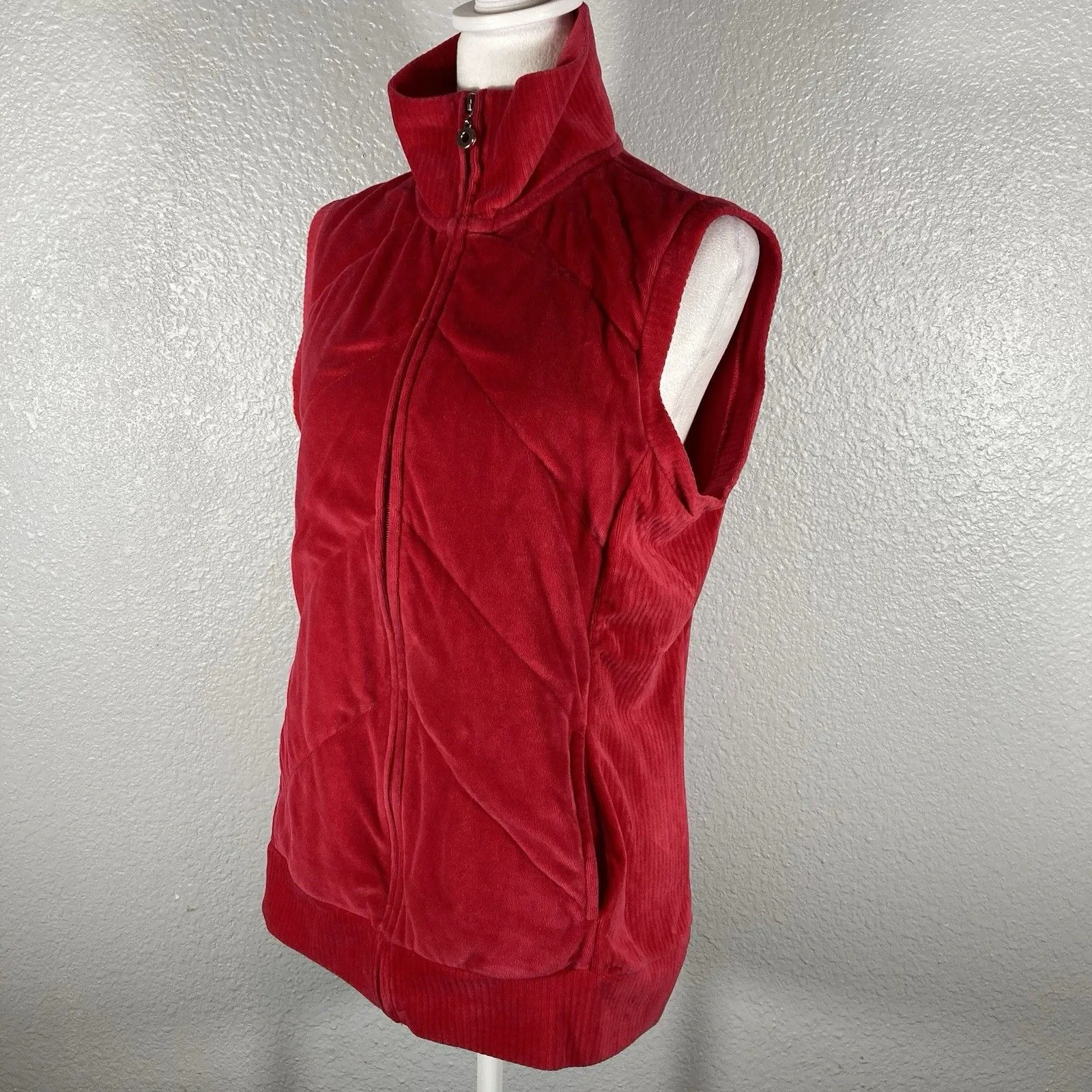 Denim & Co Womens Red Velour Vest S Sleeveless Zip Athleisure Sporty Cozy - Image 4