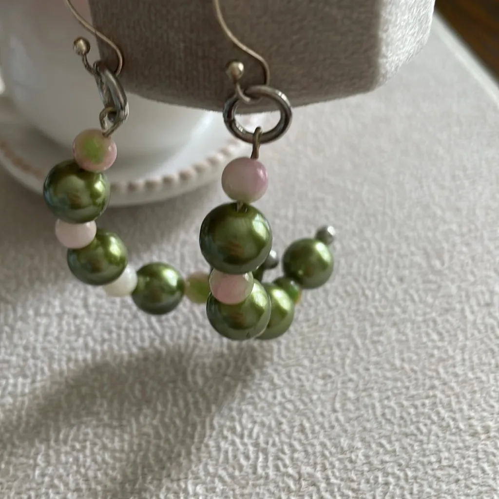 Handcrafted Green + pink bead dangle earrings - Image 3