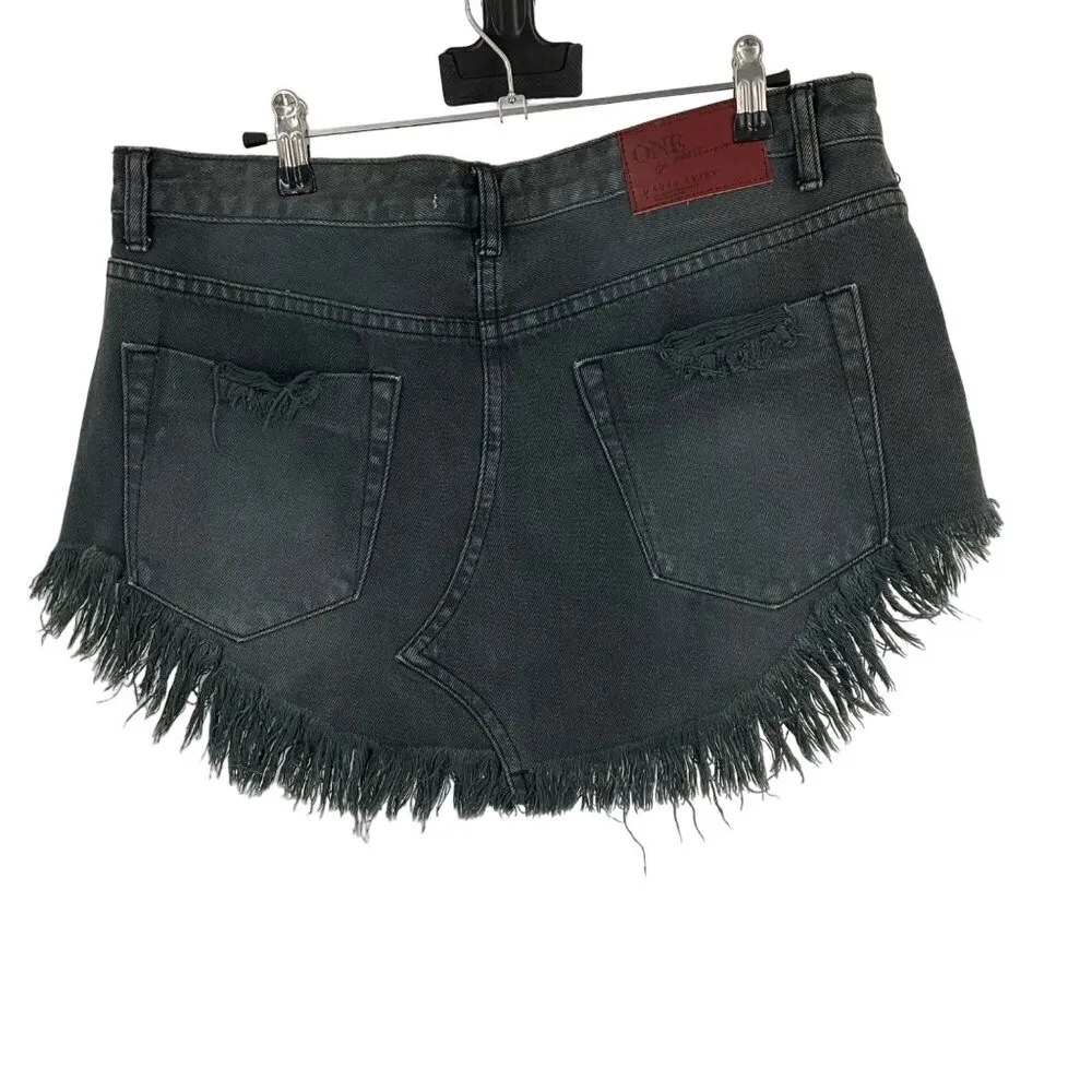 One Teaspoon 4040 Skirt With Low Waist & Raw Hem Size 27 black Denim button fly - Image 7