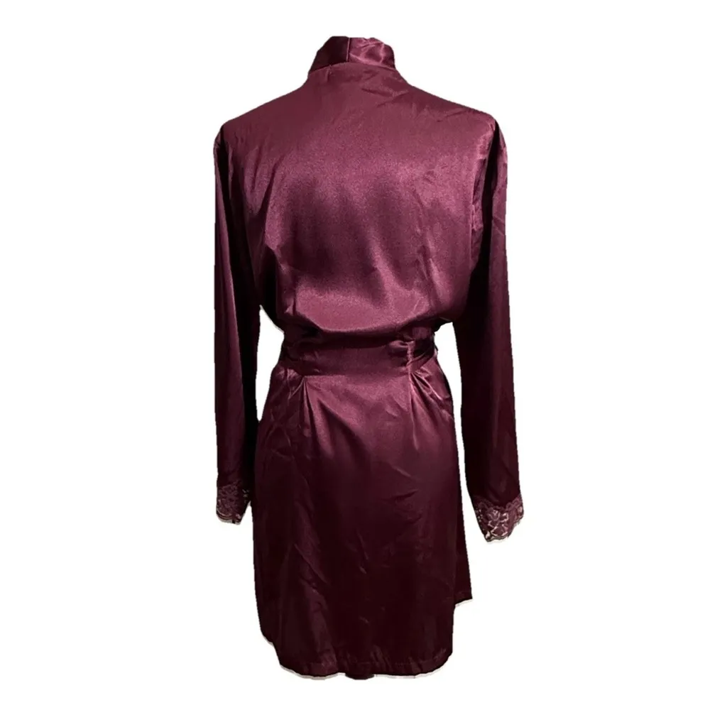 JONES NEW YORK Purple Plum Short Robe Silky Satin Belted Lace Cuff Pockets M - Image 2