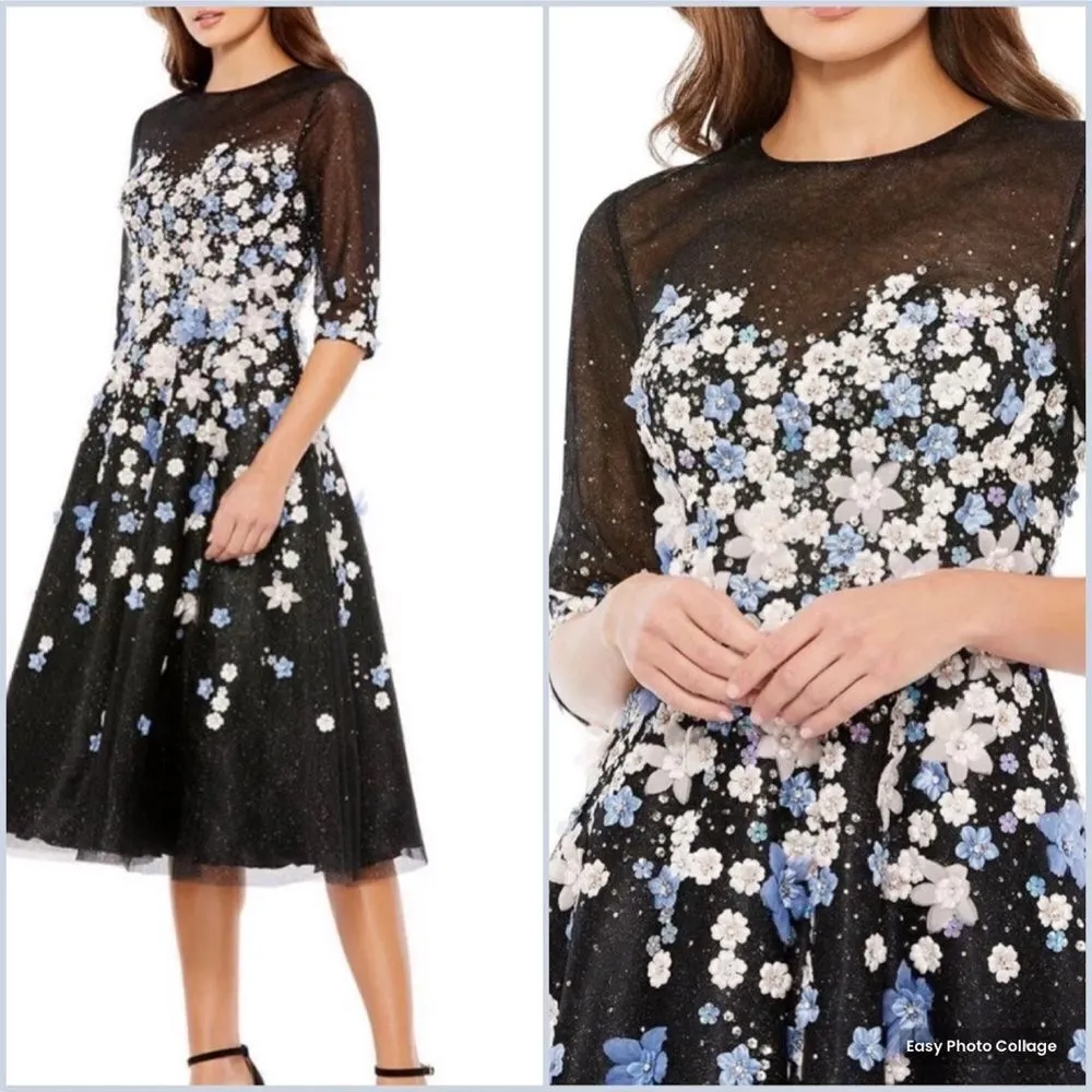 Mac Duggal Womens 11161 FLORAL EMBROIDERED A-LINE TEA-LENGTH COCKTAIL DRESS Blac - Image 3