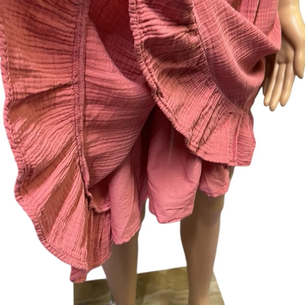 America Eagle Cotton Smocked Bodice Gauze Ruffle Hem Mini Dress Pink Coral XL - Image 8
