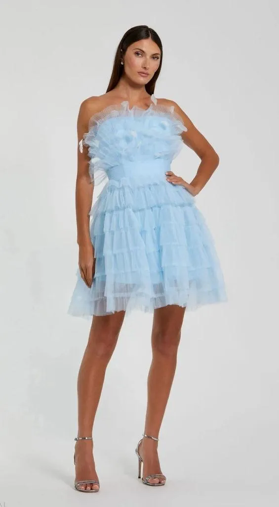 Mac Duggal Baby Blue Feathers Tulle Strapless Fit Flare Mini Dress Size 4 Party - Image 3