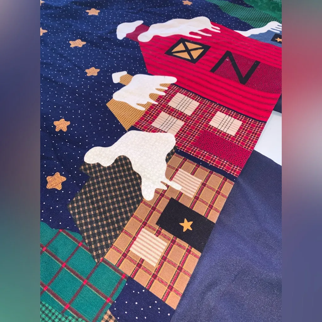 Festive Faux Patchwork Christmas Holiday Vest Santa Reindeer Snowy Village L/XL Blue - Image 5