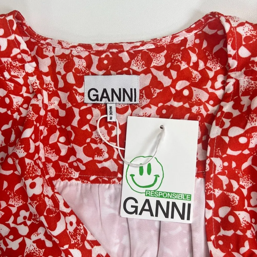 $325 NWT Ganni Floral Crepe Midi Dress Size 36 Orange - Image 10