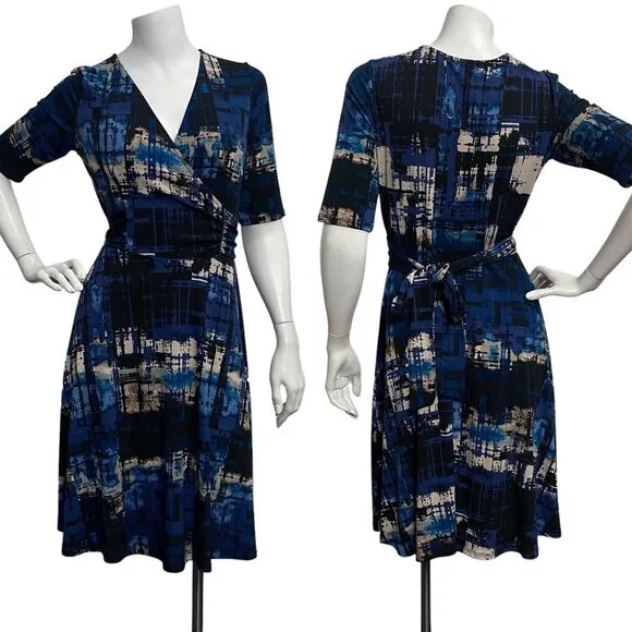 Gilli Faux Wrap Dress Stretch Jersey Knit Blue Black Abstract Print size M Size M - Image 2