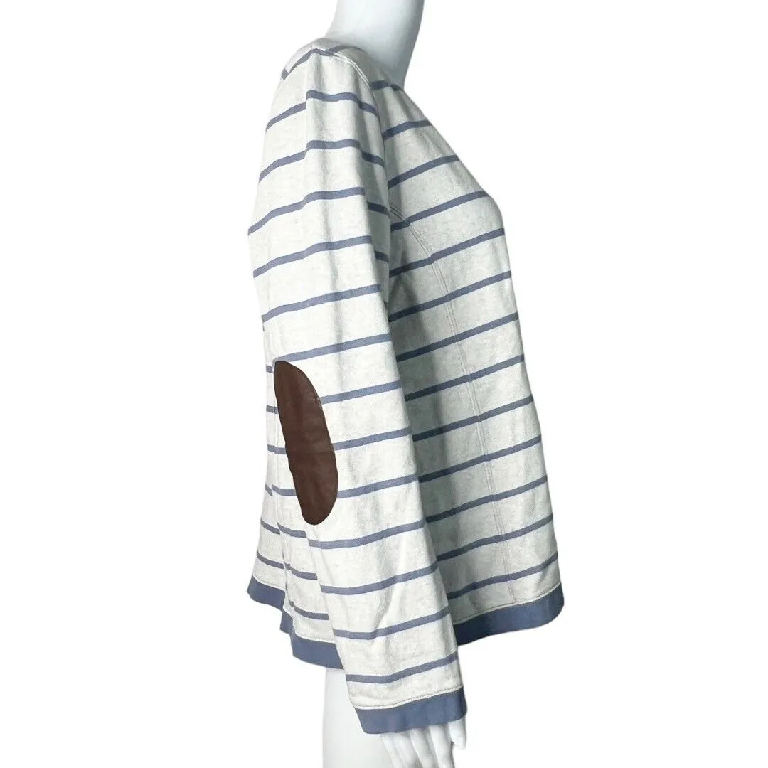 Orvis Women's Sweatshirt Gray White Striped Brown Leather Elbow Patches Size L - Image 2