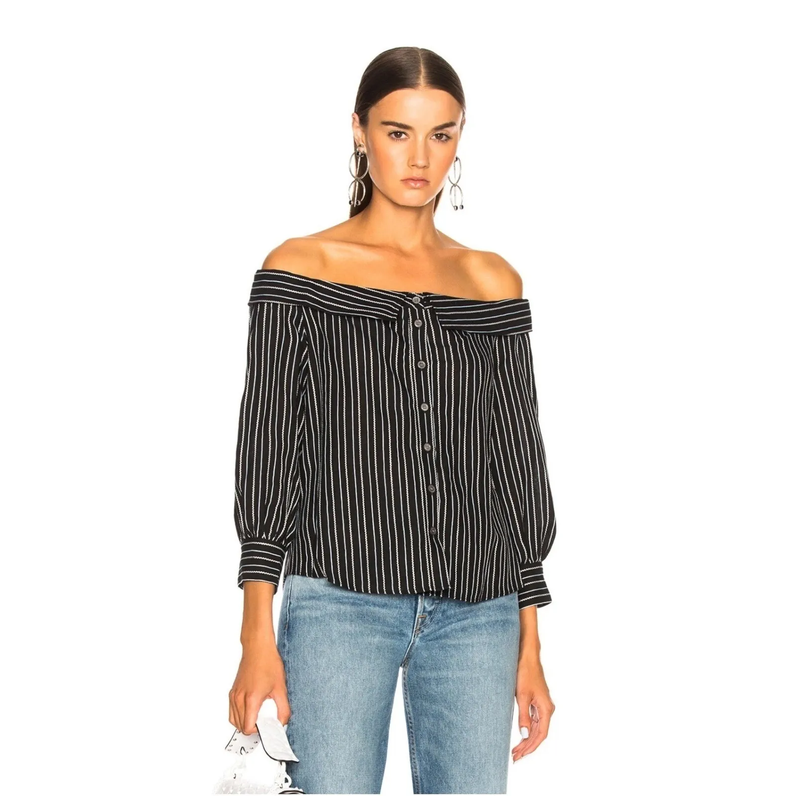 Veronica Beard Britta Off the Shoulder Linen Striped Button Blouse Shirt Size 6 - Image 4