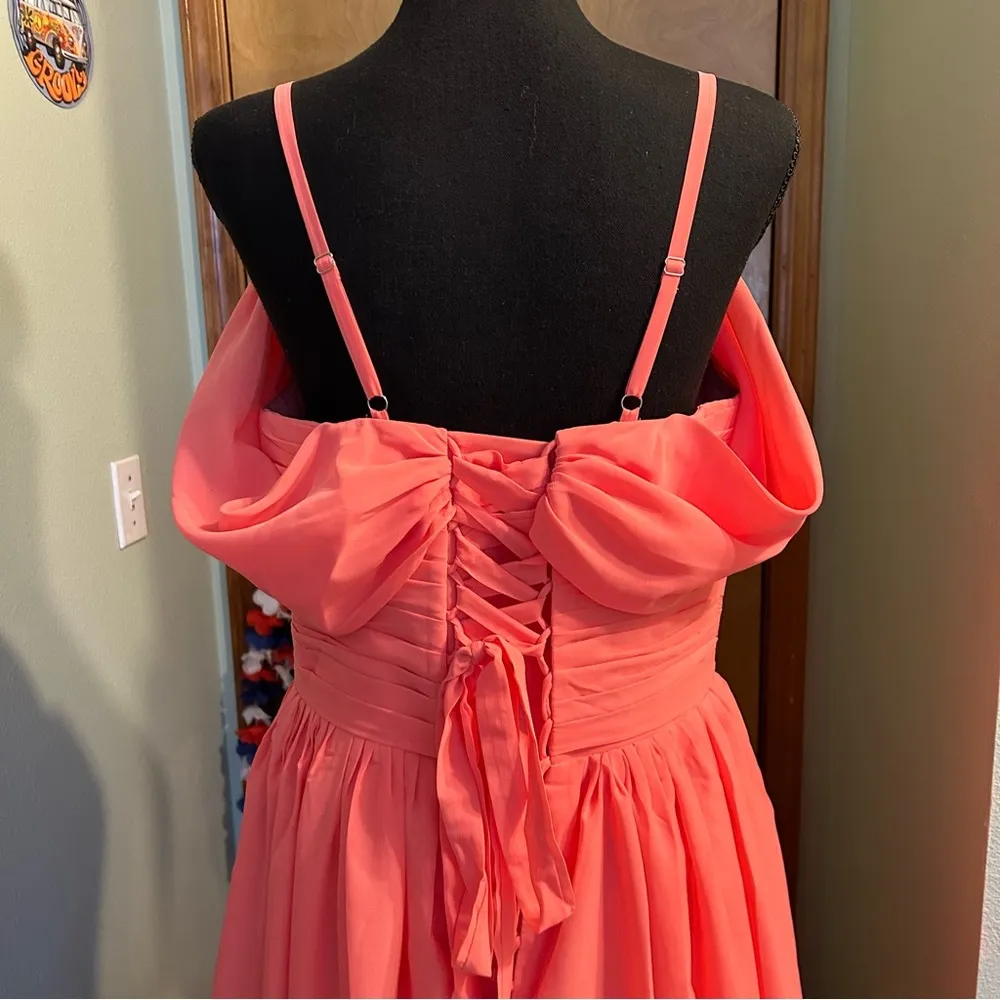 NWOT peach off shoulder prom dress spaghetti strap lace up back size L Pink Size L - Image 5