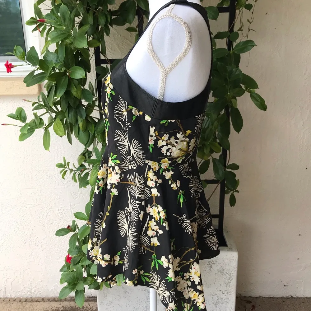PJK Patterson J. Kincaid Black Leather Peplum Top Floral Cherry Blossom Size M - Image 3