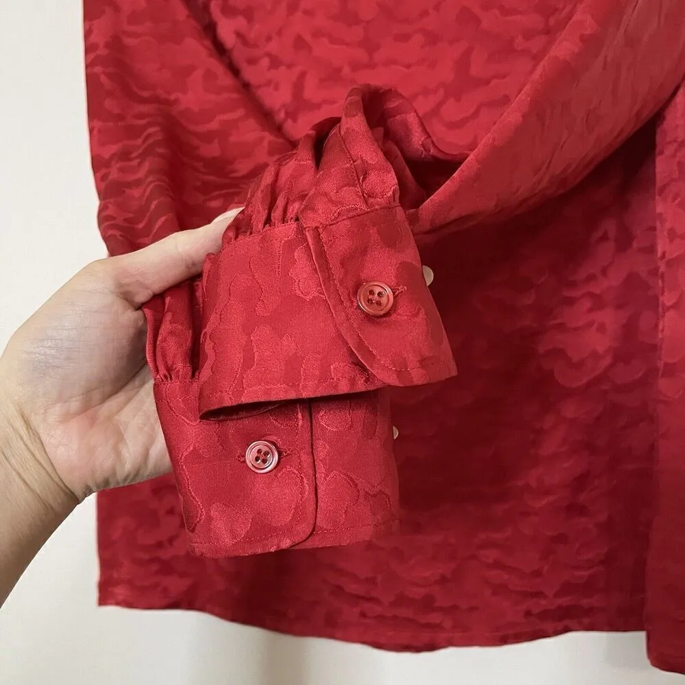 Vintage 1970 Yves Saint Laurent Rive Gauche Red silk button front bow blouse 36 - Image 9