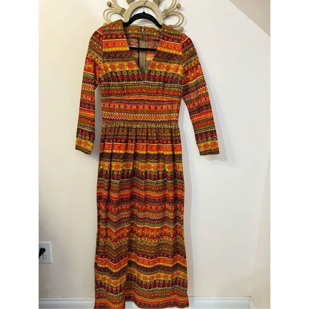 Vintage Groovy Floral Bark/ Lava Cloth Handmade Maxi Dress S/M Orange - Image 3