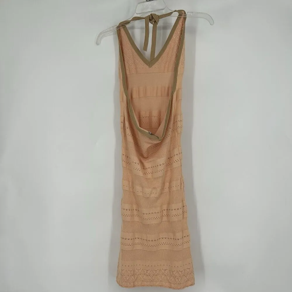 Earthbound Crochet Pointelle Knit Halter Dress Peach Pink Y2K Beach Size S - Image 5