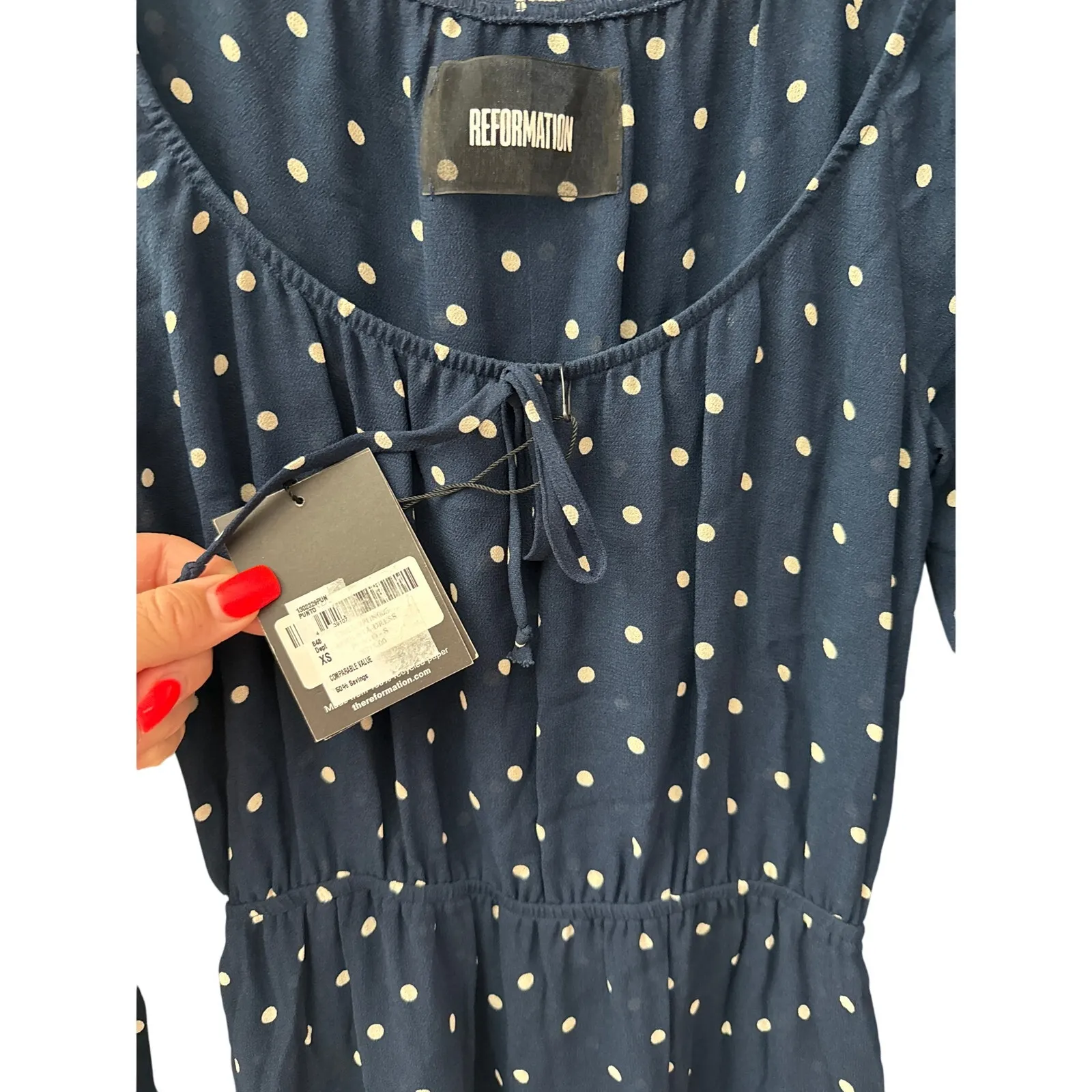 Reformation Augusta Dress Long Sleeve Side Slit in Punto Navy Polka Dot‎ Size XS Blue - Image 11