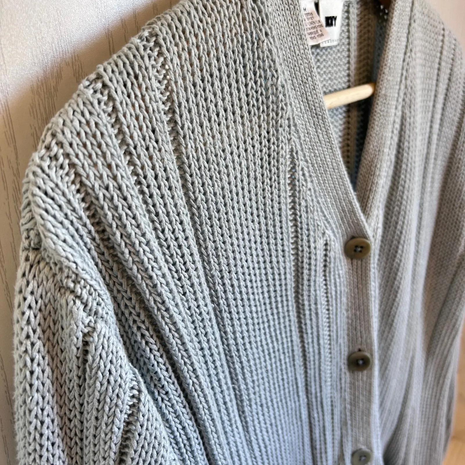 Y2K DKNY Egg Blue Sea Gray Linen Button Long Cardigan Ocean Sweater Women Size M - Image 7