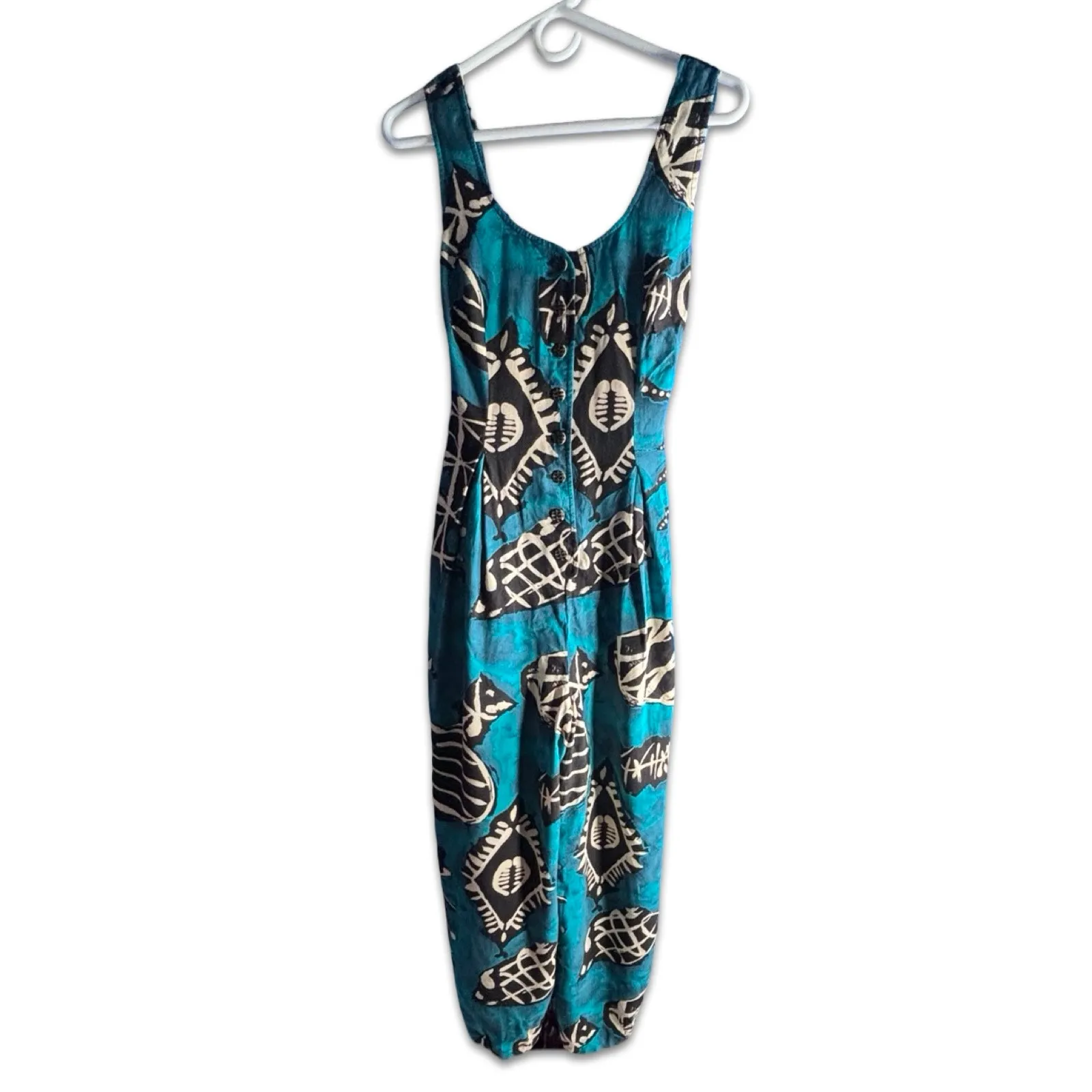 Vintage All That Jazz Abstract Jumpsuit Teal Blue Black Wide Leg Open Tie Back - Image 4