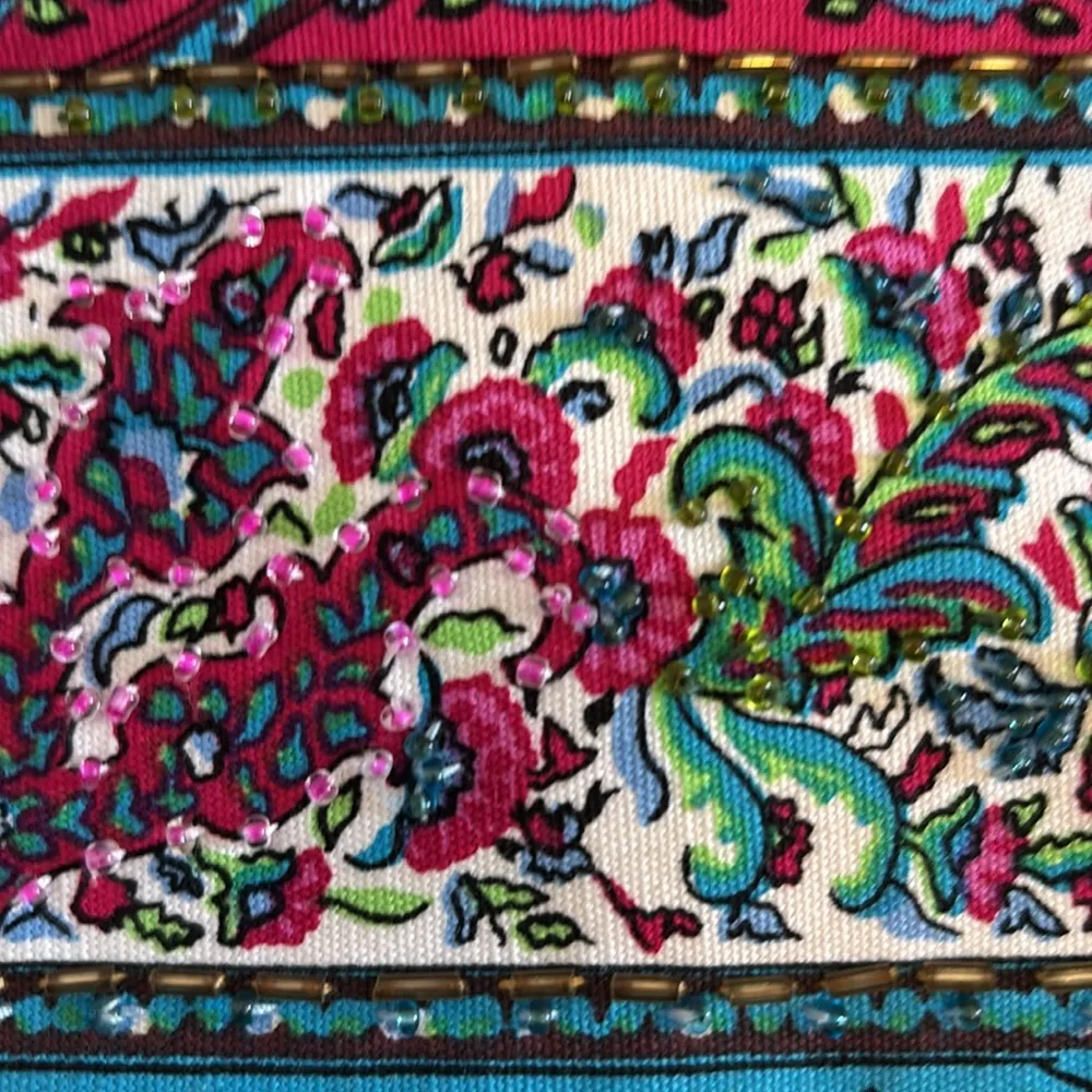 PINK AND BLUE FLORAL DESIGN WRISTLET WITH SOME BEADS ON ONE SIDE AND BLACK STRAP - Image 3