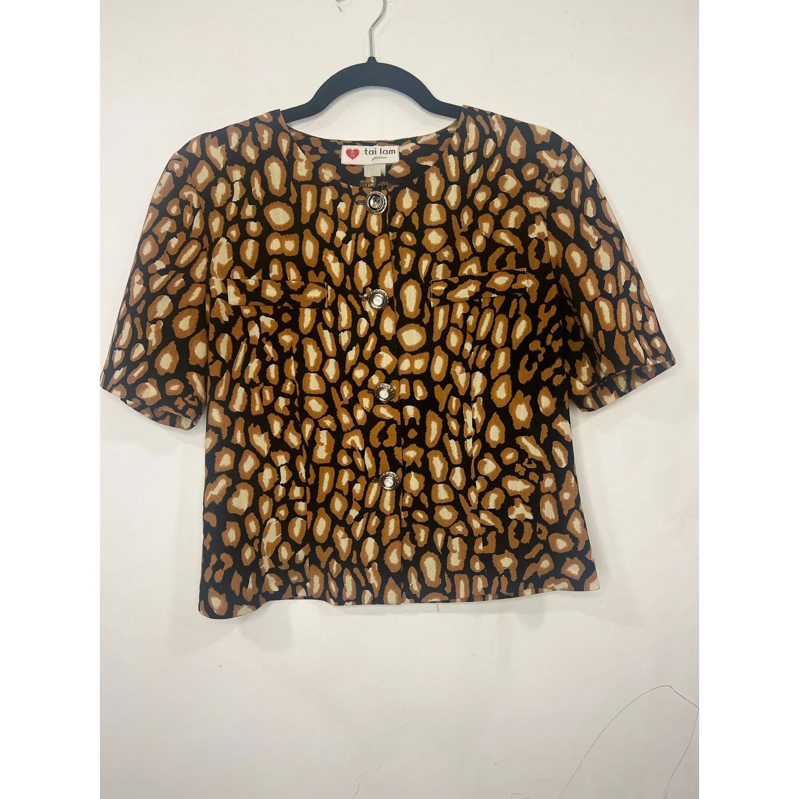 Vintage Korean Tai Lam Pattern Button Down Blouse ShoulderPad Black Tan Medium - Image 6