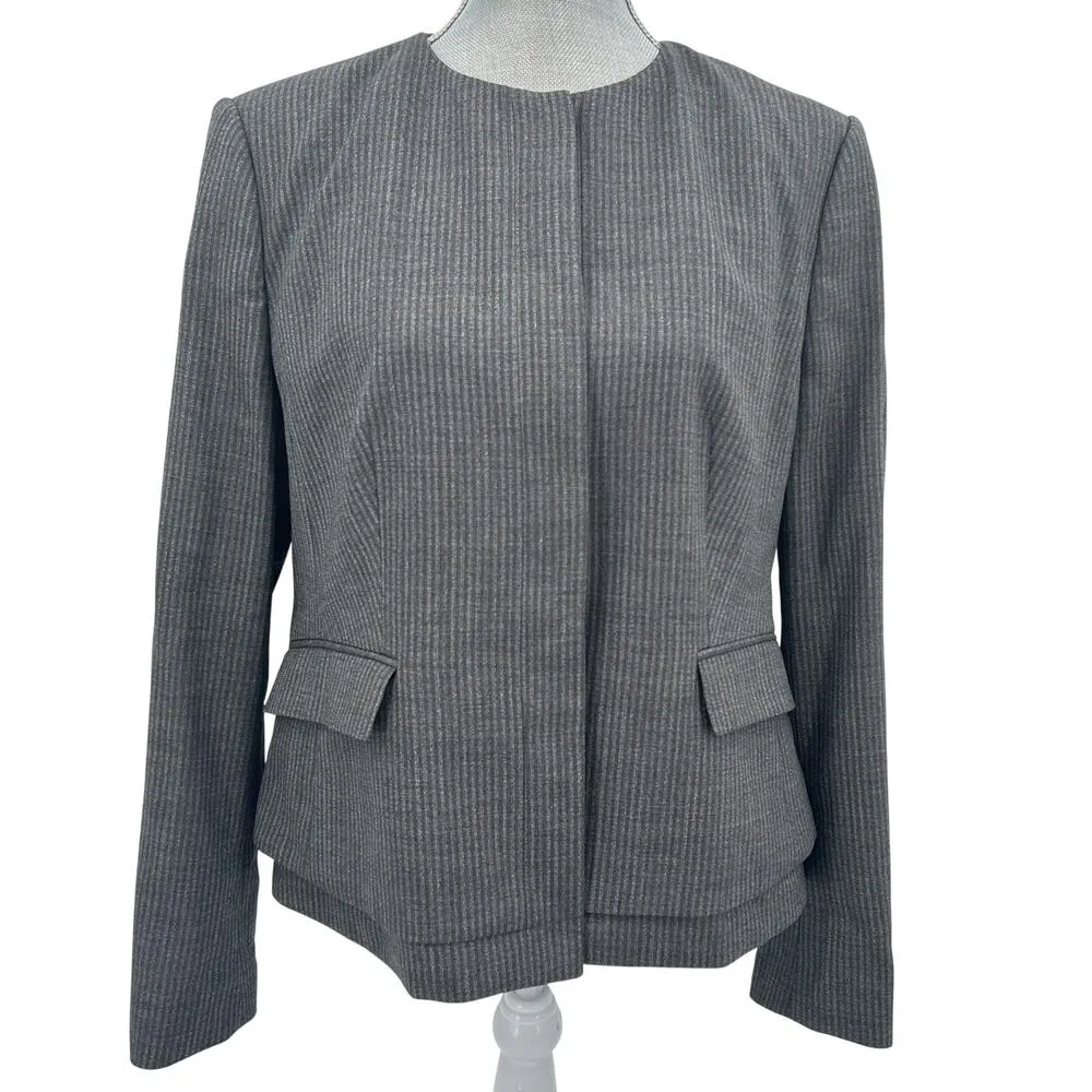 Boss Hugo Boss Jasyma Wool Jacket Blazer Gray Stripe Size 12 Collarless - Image 2