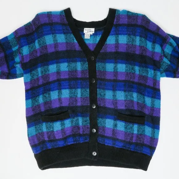Vintage 70s Teal and Purple Plaid Cardigan Sweater - Image 2