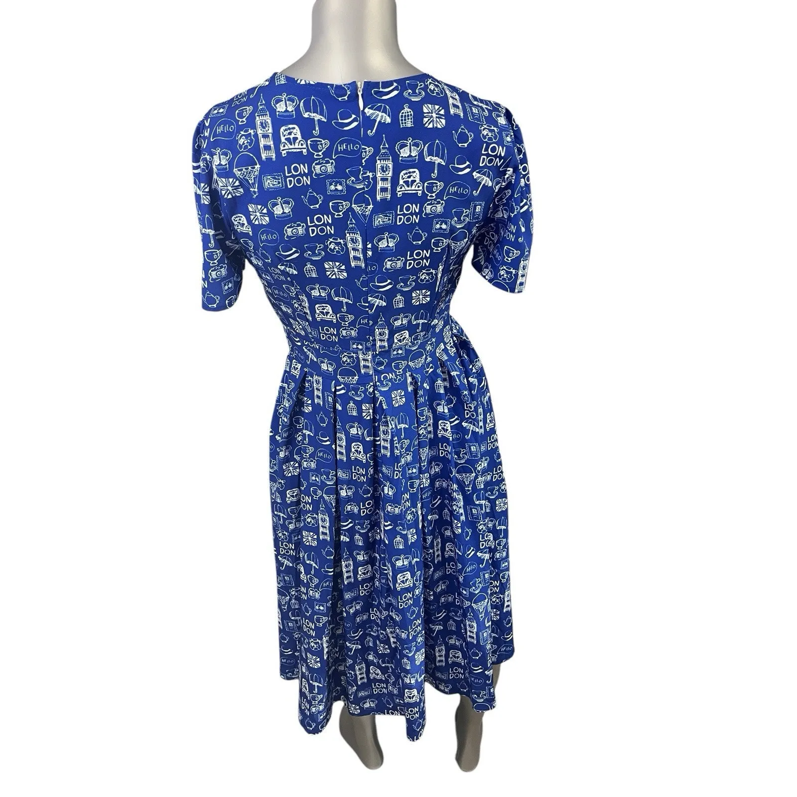 Blue White London Dress Short Sleeve Fit And Flare Midi Small Artsy All Over - Image 7