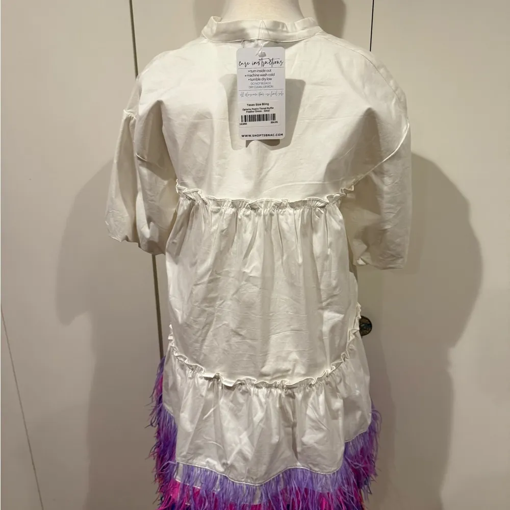 Blue B Collection White Dress with Purple Pink, blue & Red Feather Trim, NWT, S - Image 4