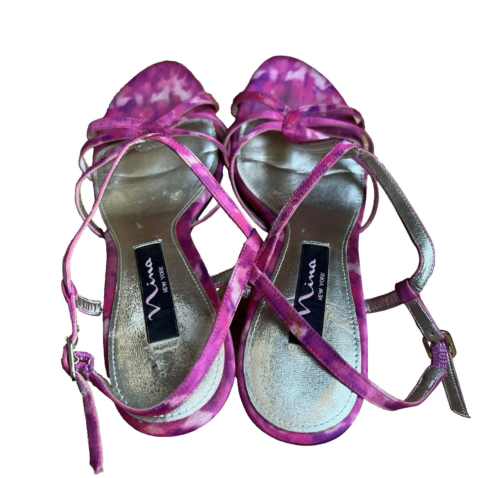 Nina Size 7 Pink Floral Fabric Kitten Heel Strappy Slingback Sandal Leather Sole - Image 4