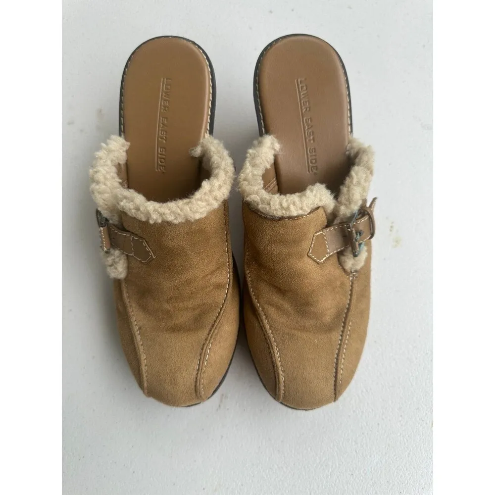 Lower East Side Women's Y2K 90s Suede Leather Sherpa Trim Wedge Mule Clogs 7.5 - Image 2