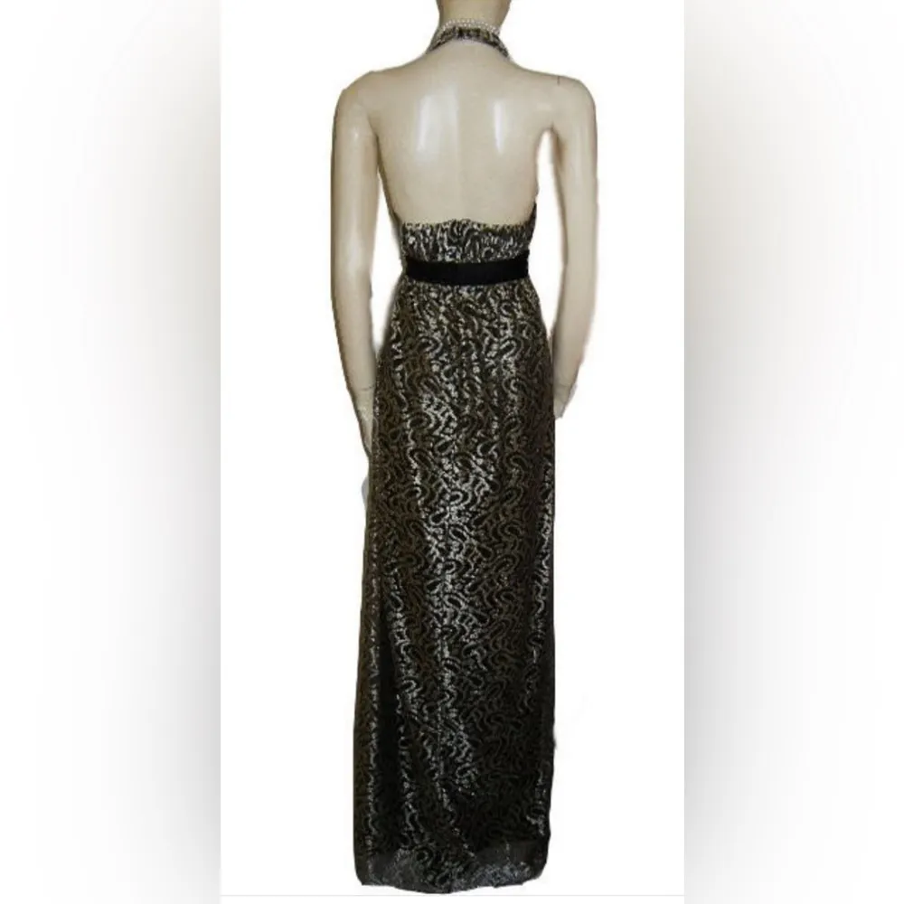 Kay Unger Halter Plunge Neck silk lace Maxi Dress gown Black gold Whimsigoth 6 - Image 11