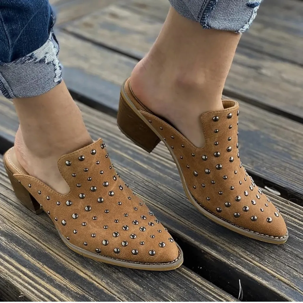 A Rider Girl Cara Studded Mules Slip On Shoes 6 Tan - Image 6