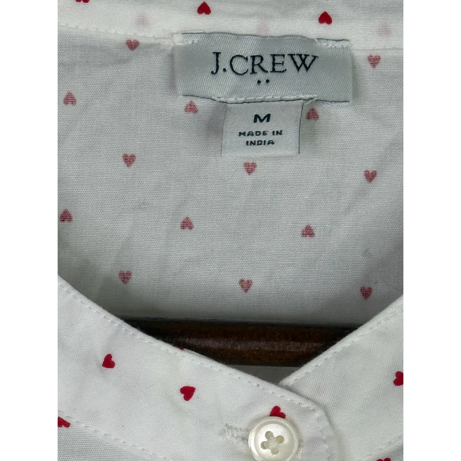 J.Crew Cotton Poplin Ruffle Heart Print Button Down LongSleeve Shirt M White Red - Image 7